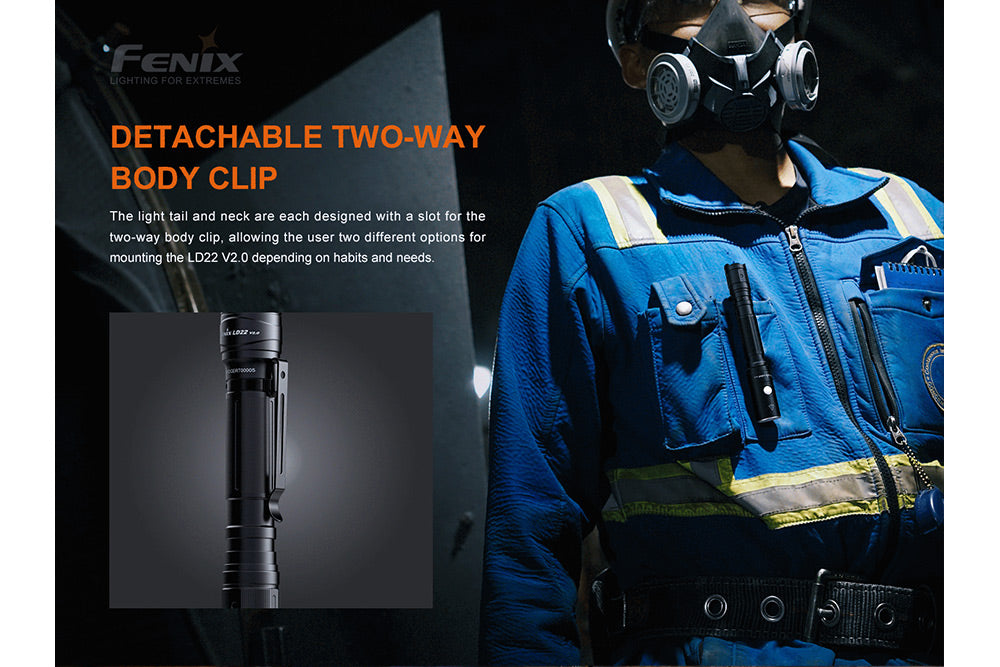 Fenix LD22 V2 compact LED flashlight clipped on a shirt with text discussing its two-way body clip