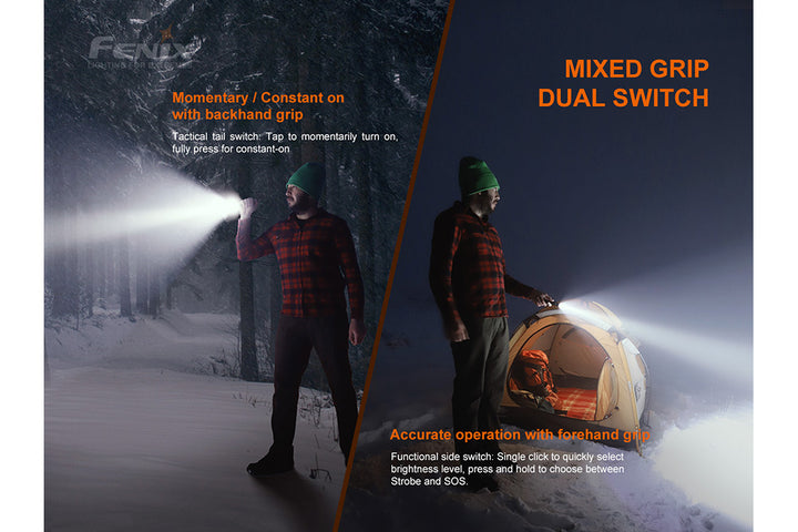 Two photos showing the Fenix LD22 V2 compact LED flashlight used in different grip orientations