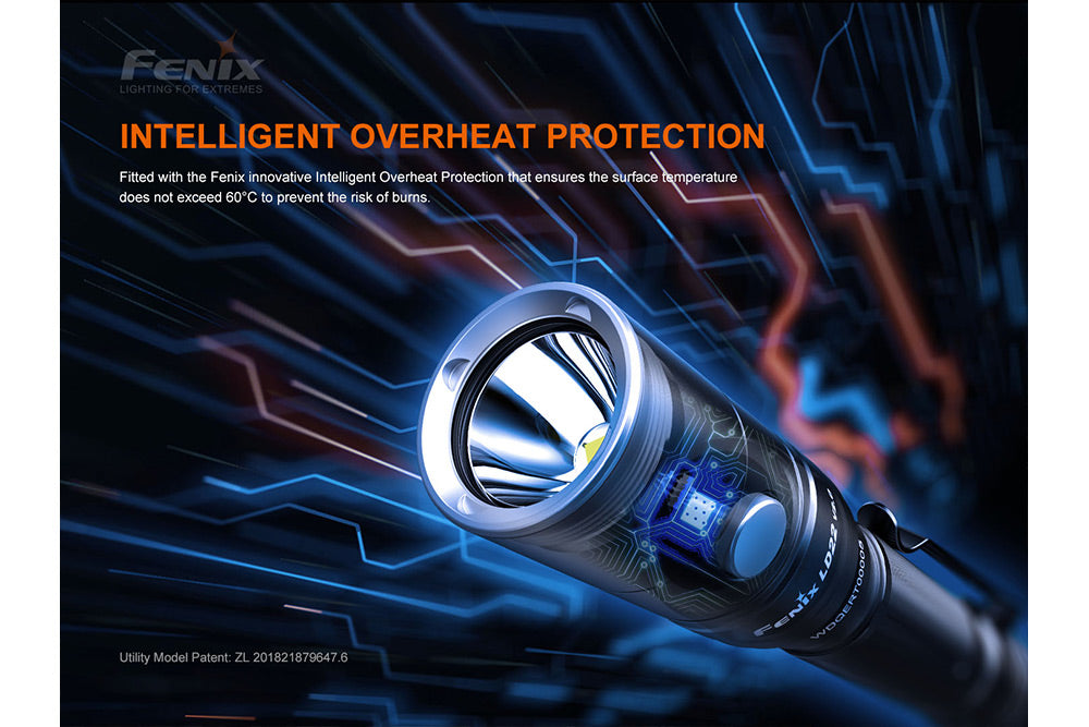Graphic showing the intelligent overheat protection of the Fenix LD22 V2 compact LED flashlight 