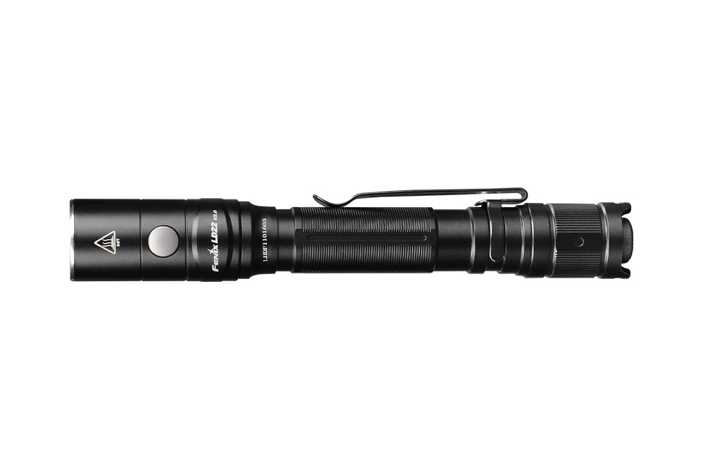 Fenix LD22 V2 compact LED flashlight as viewed from the top