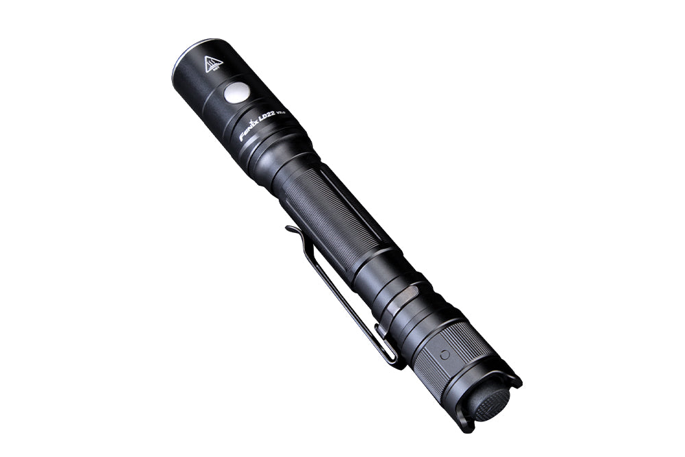 Fenix LD22 V2 compact LED flashlight as viewed from the top