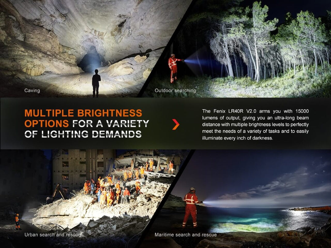 Several photos showing uses of the Fenix LR40R V2 rechargeable LED searchlight 