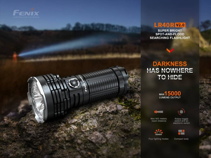Fenix LR40R V2 rechargeable LED searchlight on stone