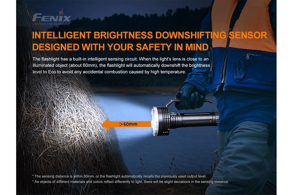 Fenix LR80R rechargeable LED searchlight held in hand and shining close to a surface