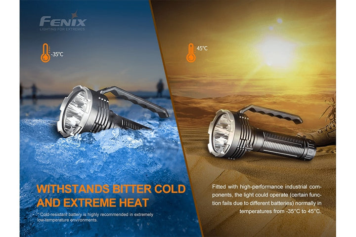Two photos showing the Fenix LR80R rechargeable LED searchlight in extreme environments