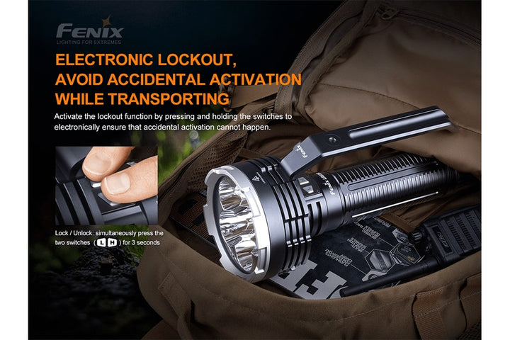 A user activating the lockout feature of the Fenix LR80R rechargeable LED searchlight 