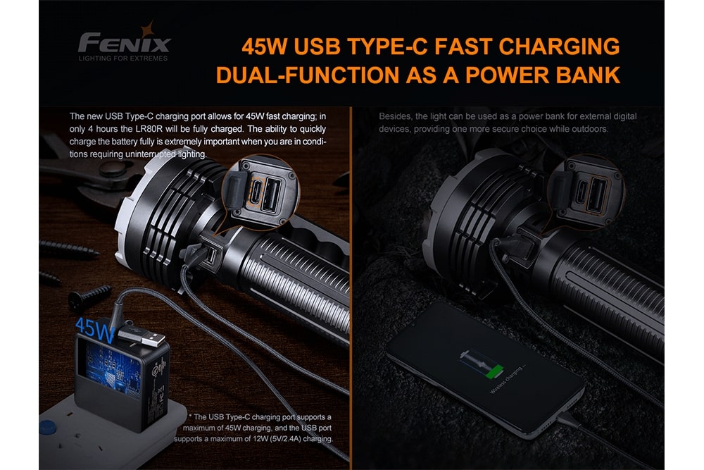 Two photos showing the charging ports of the Fenix LR80R rechargeable LED searchlight both recharging and discharging power