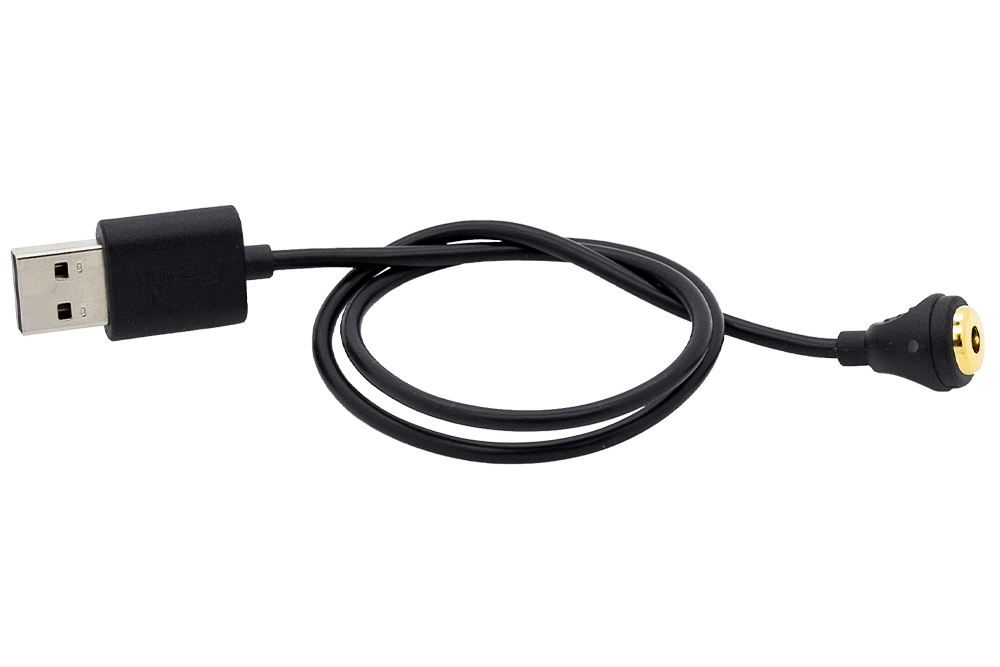 A black Fenix magnetic USB charging cable with a USB connector on one end and a magnetic connector on the other.