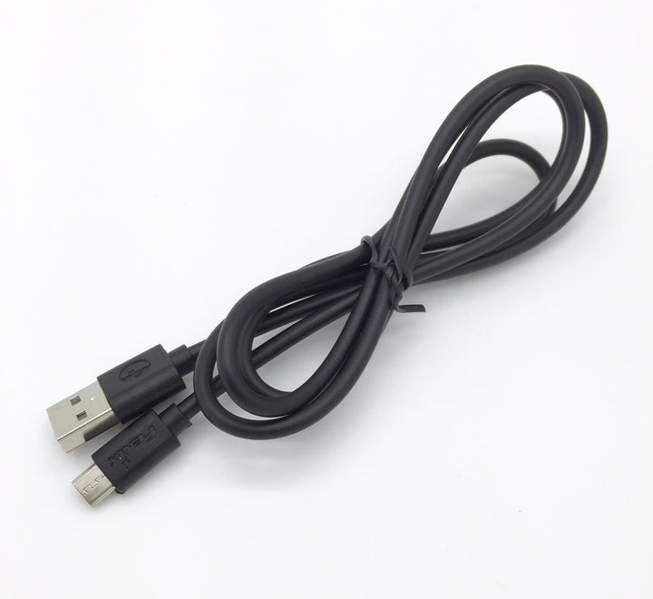 A black micro-USB charging cable tied in a knot on a white background.