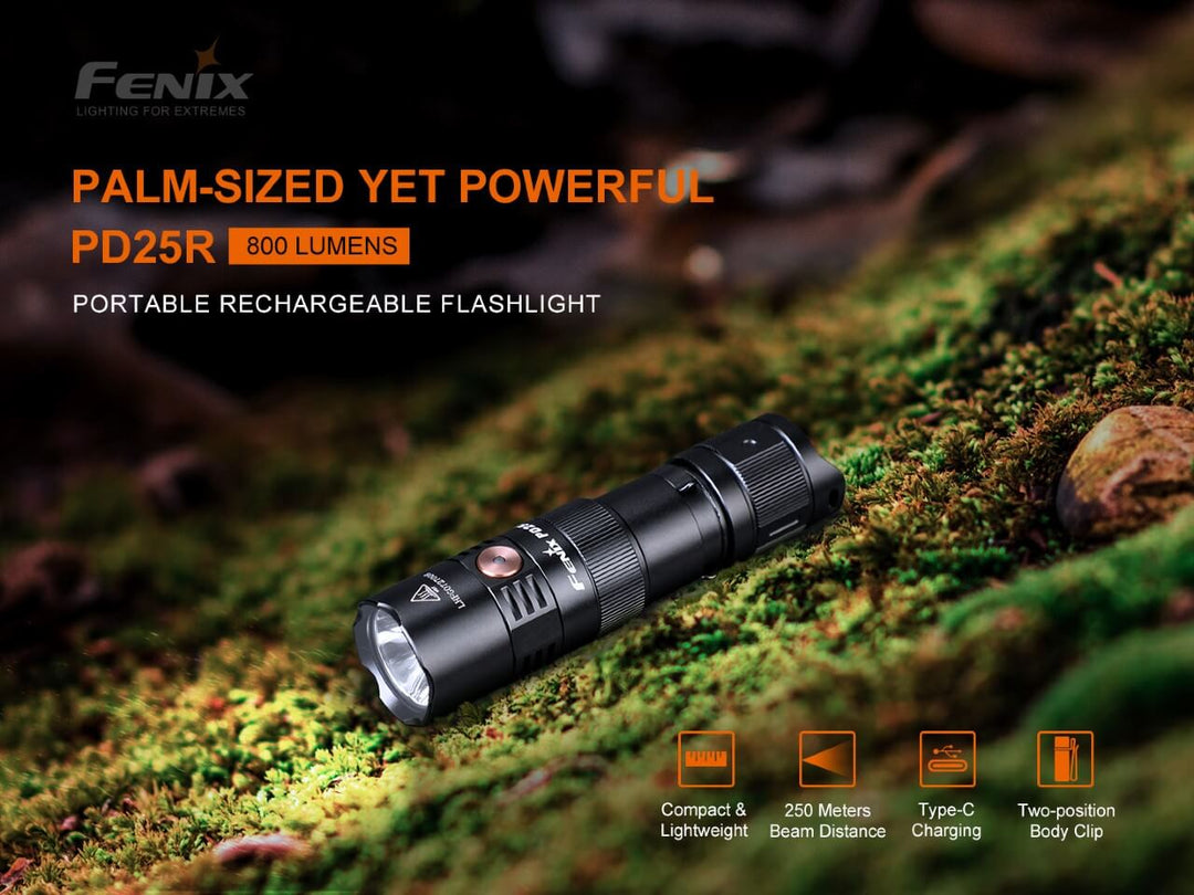 Fenix PD25R rechargeable LED flashlight on mossy stone