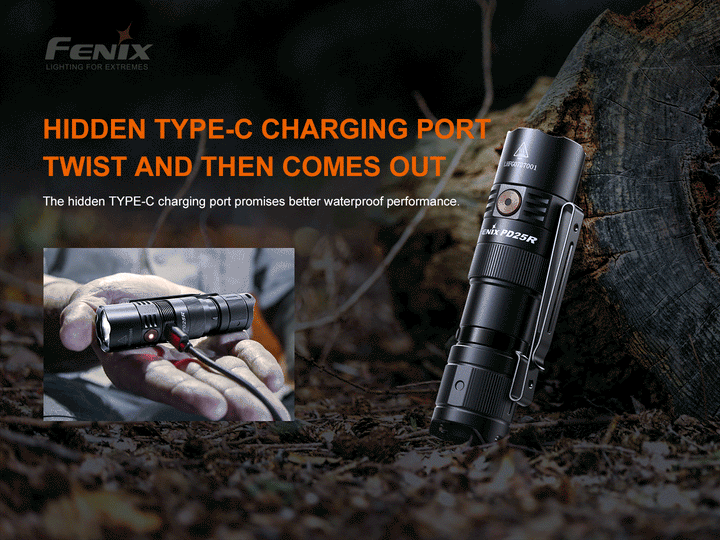 A GIF showing the hidden charging port of the Fenix PD25R rechargeable LED flashlight being revealed