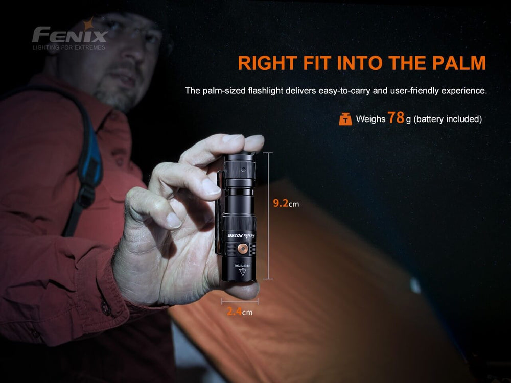 Fenix PD25R rechargeable LED flashlight held in the hand of a camper
