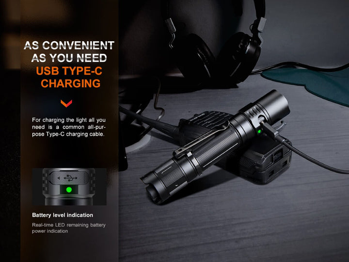 Fenix PD35R Compact Flashlight charging via USB-C cable