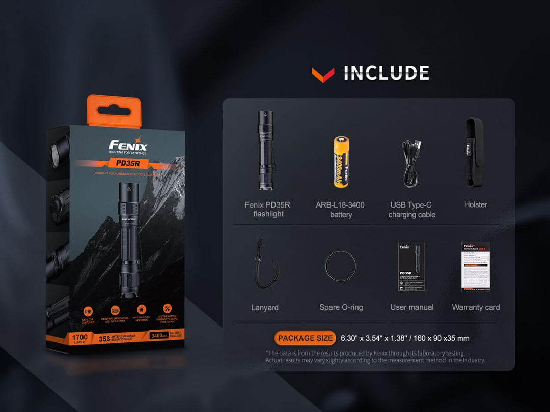 Fenix PD35R Compact Flashlight in packaging with included accessories