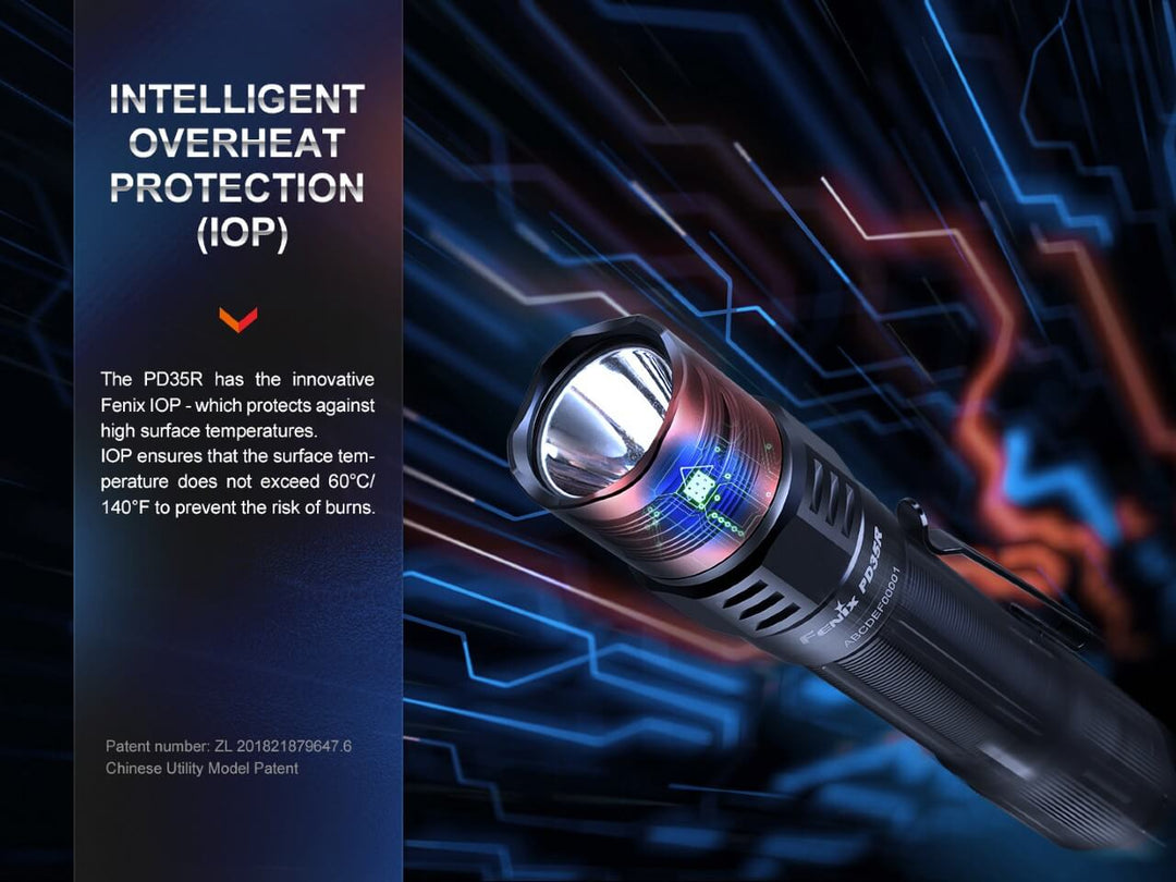 Graphics showing the overheat protection of the Fenix PD35R Compact Flashlight 