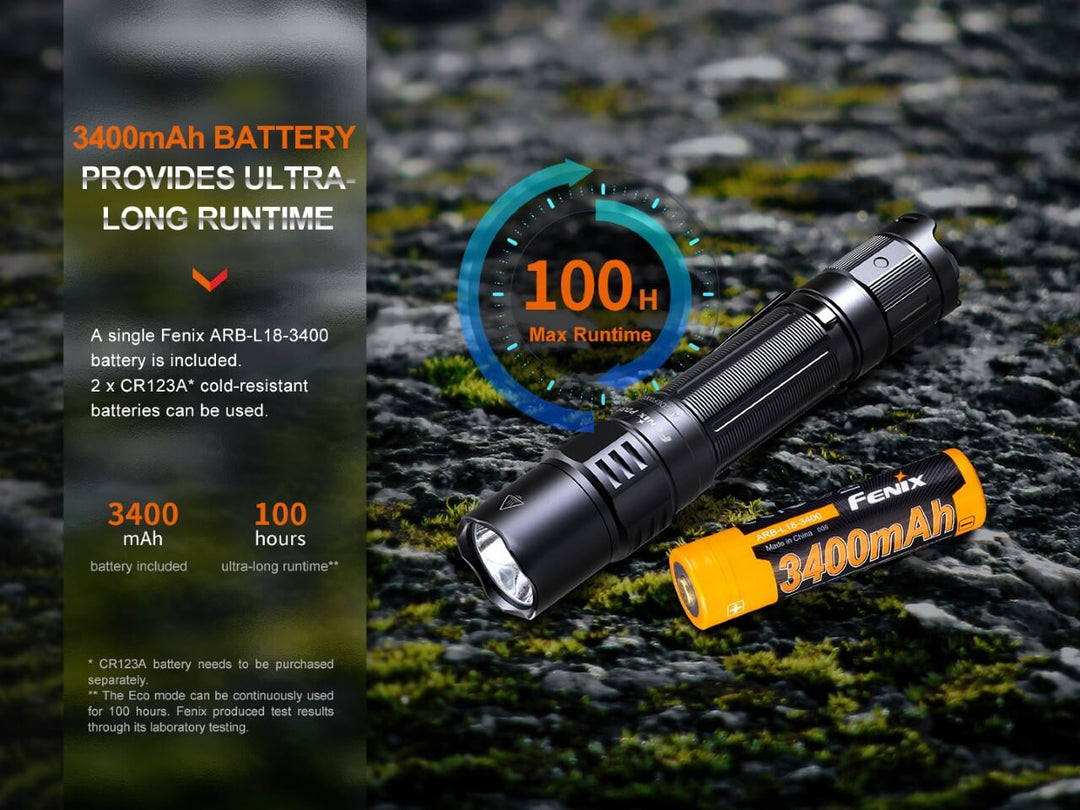 Fenix PD35R Compact Flashlight on stone with battery and graphics showing its runtime