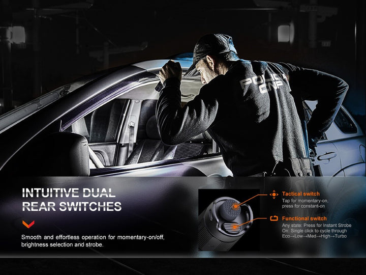 A police officer using the Fenix PD35R Compact Flashlight in a rear grip with graphics explaining its dual tail switch functionality