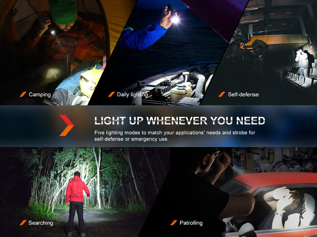 Several photos showing the Fenix PD35R Compact Flashlight used in a variety of scenarios