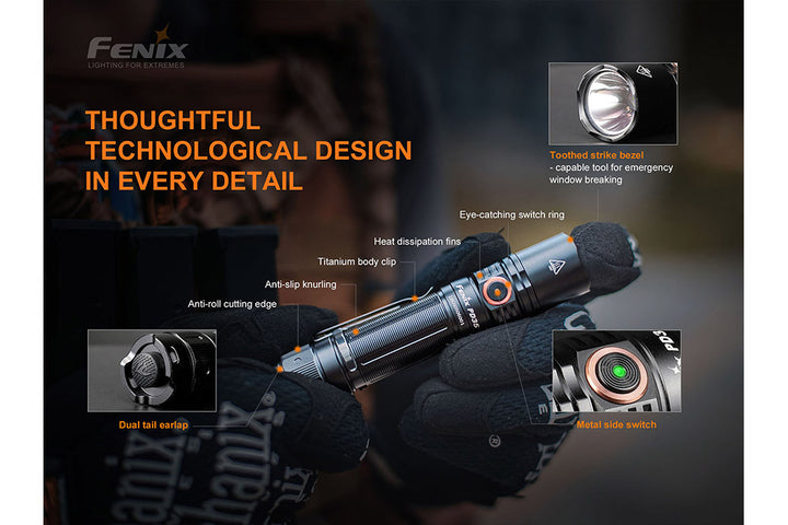 Several photos highlighting the details of the Fenix PD35 V3 flashlight 