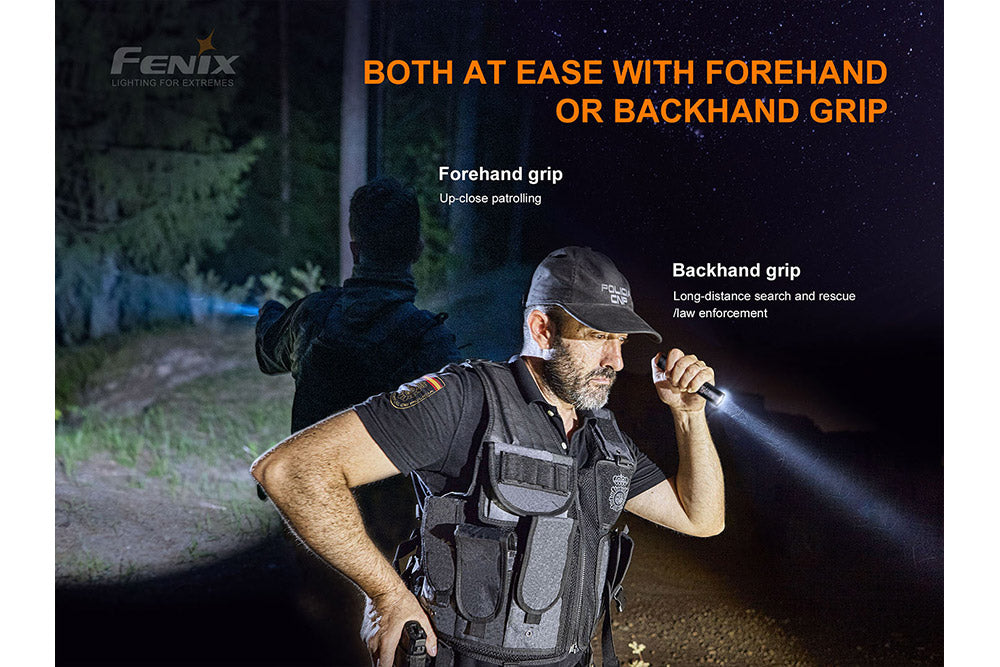 Fenix PD35 V3 flashlight used in forehand or backhand grip
