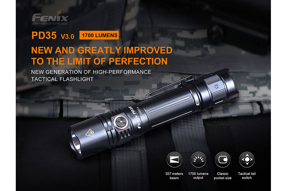 Fenix PD35 V3 flashlight on camo fabric