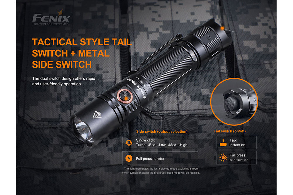 Fenix PD35 V3 flashlight with graphics detailing its switches