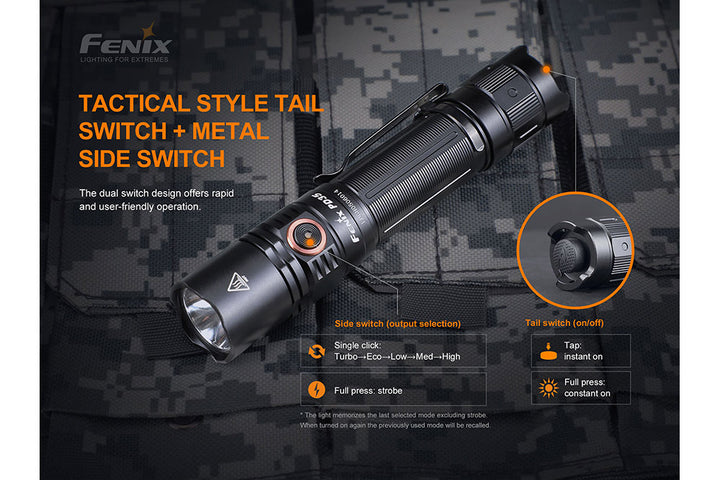 Fenix PD35 V3 flashlight with graphics detailing its switches