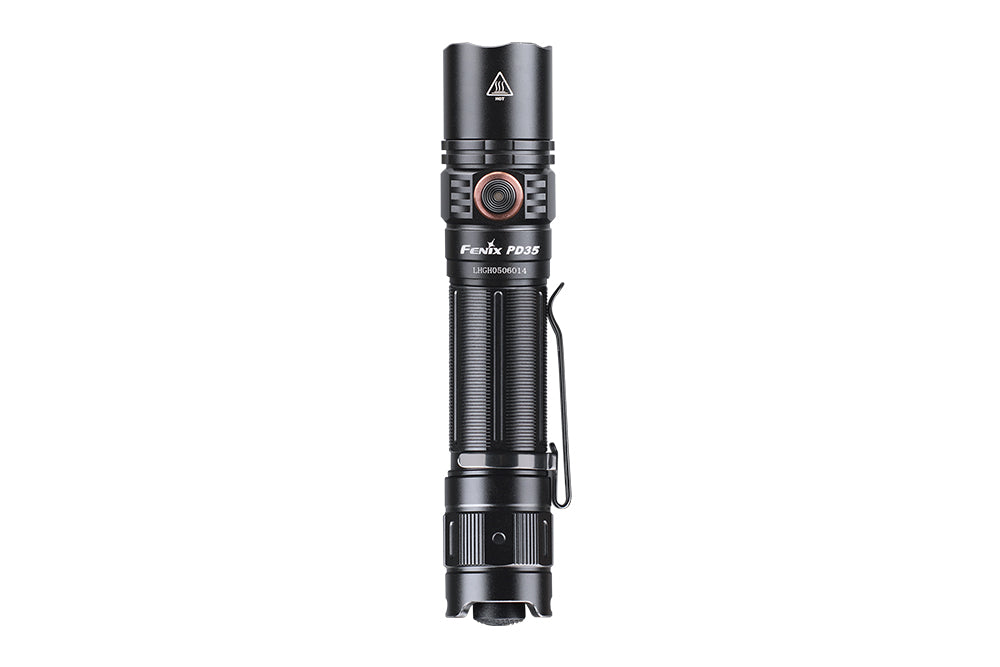 Fenix PD35 V3 flashlight viewed from the front