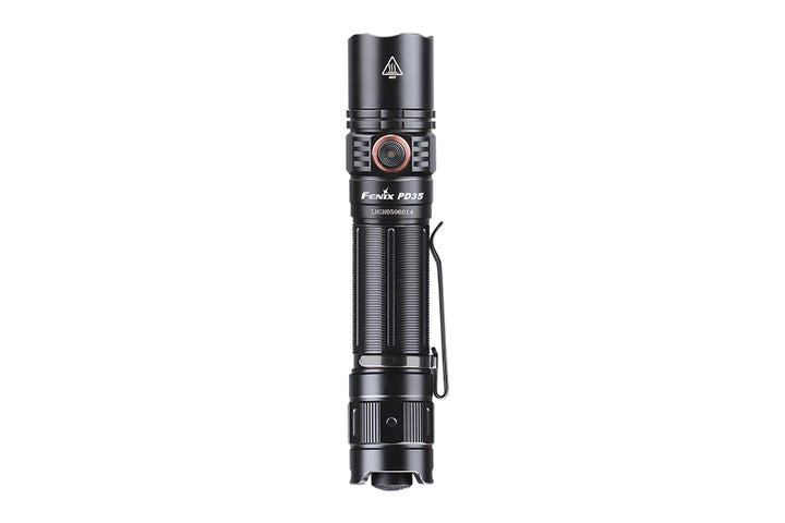 Fenix PD35 V3 flashlight viewed from the front