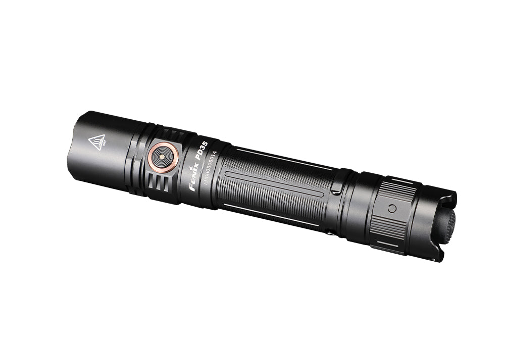 Fenix PD35 V3 flashlight viewed from the top