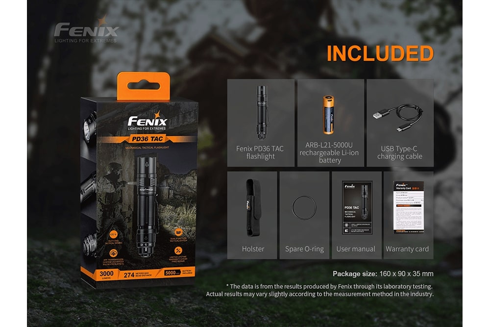 Fenix PD36 TAC Tactical Flashlight in packaging with included accessories