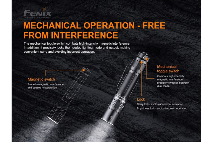 Graphics detailing the features of the Fenix PD36 TAC Tactical Flashlight's mechanical operation