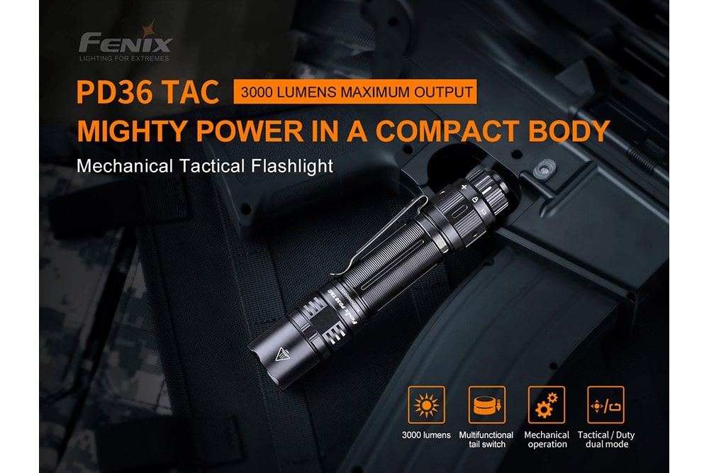 Fenix PD36 TAC Tactical Flashlight on a weapon with text about its output