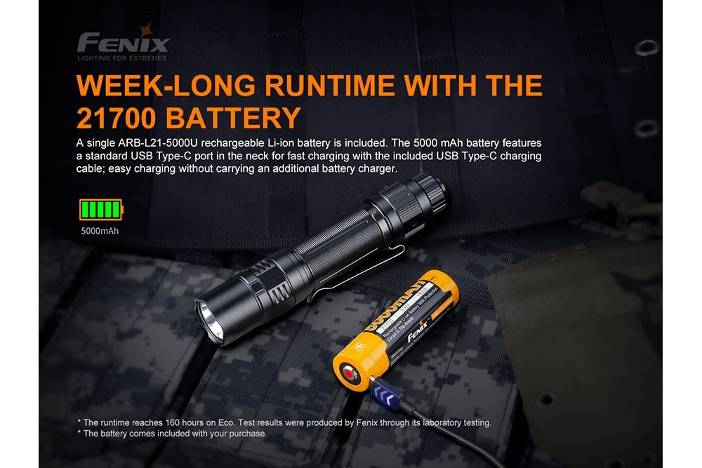 Fenix PD36 TAC Tactical Flashlight with battery removed and charging via a USB-C port