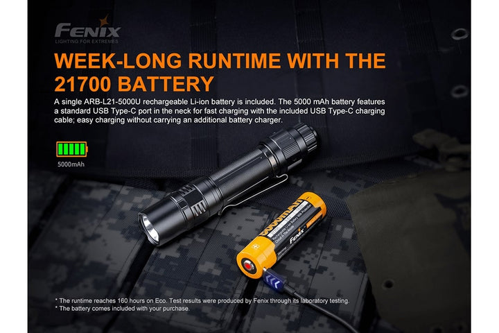 Fenix PD36 TAC Tactical Flashlight with battery removed and charging via a USB-C port