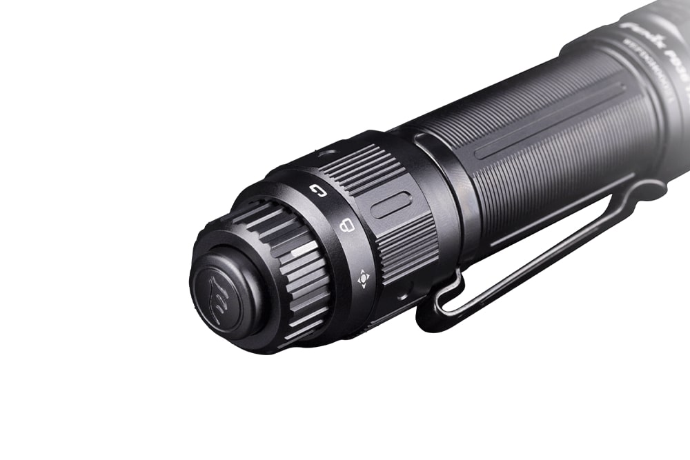 The tail cap mechanism of the Fenix PD36 TAC Tactical Flashlight 