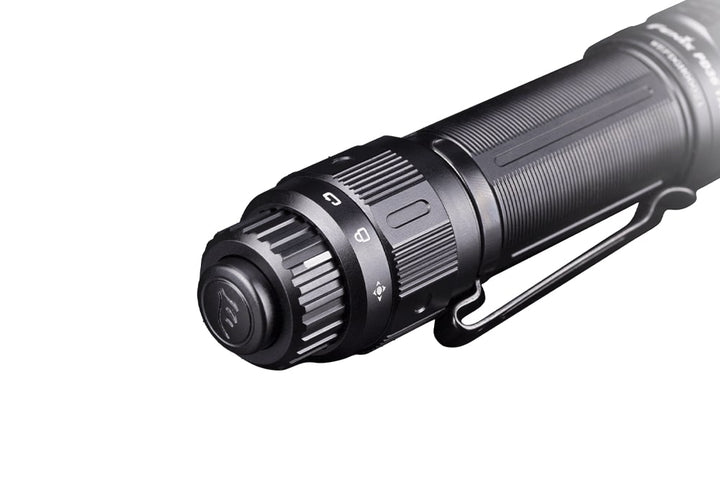 The tail cap mechanism of the Fenix PD36 TAC Tactical Flashlight 