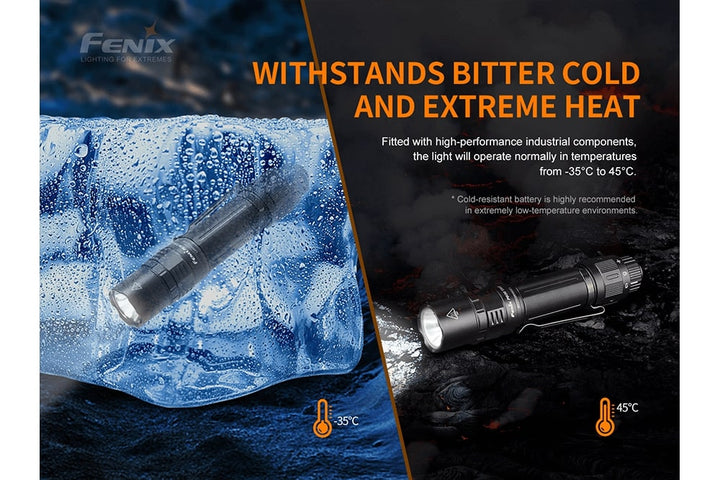 Two photos showing the Fenix PD36 TAC Tactical Flashlight in extreme environments