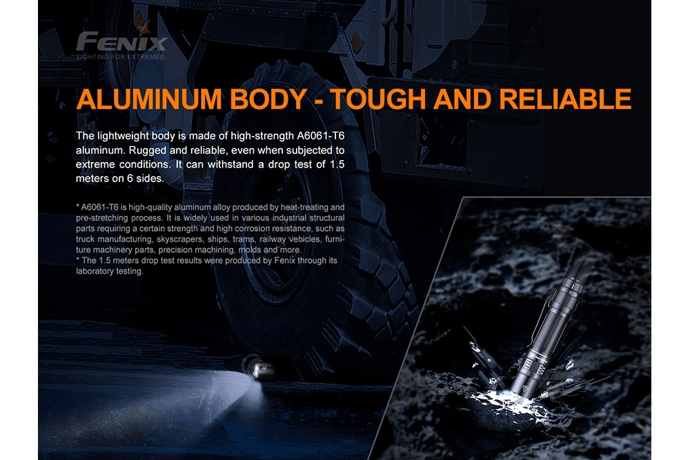 Fenix PD36 TAC Tactical Flashlight dropped on stone