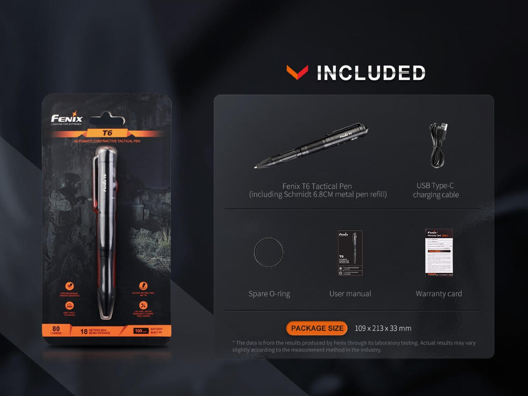 Fenix T6 Tactical Pen Light in packaging with included accessories