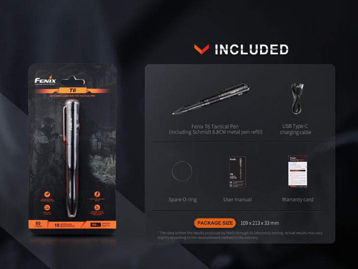 Fenix T6 Tactical Pen Light in packaging with included accessories