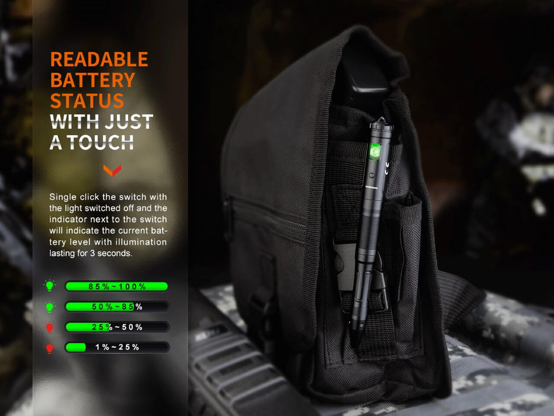 Fenix T6 Tactical Pen Light clipped to a bag with its battery level indicator active