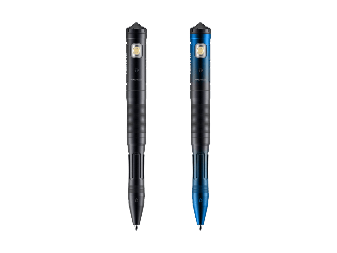 Two Fenix T6 Tactical Pen Lights, one black and one blue, with visible LED lights on top.
