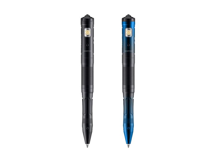 Two Fenix T6 Tactical Pen Lights, one black and one blue, with visible LED lights on top.