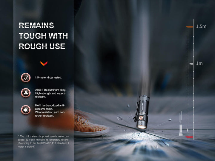 Fenix e18r v2 rechargeable flashlight dropped onto concrete