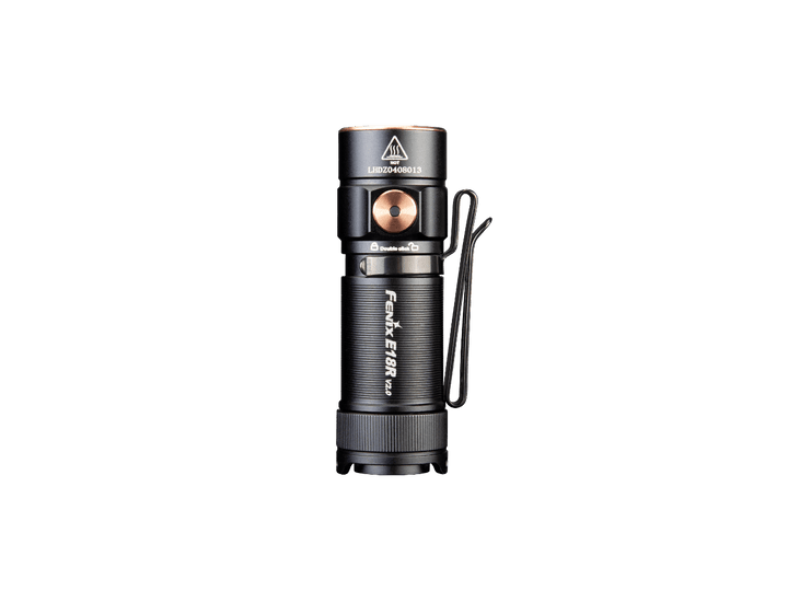Fenix e18r v2 rechargeable flashlight as viewed from the top