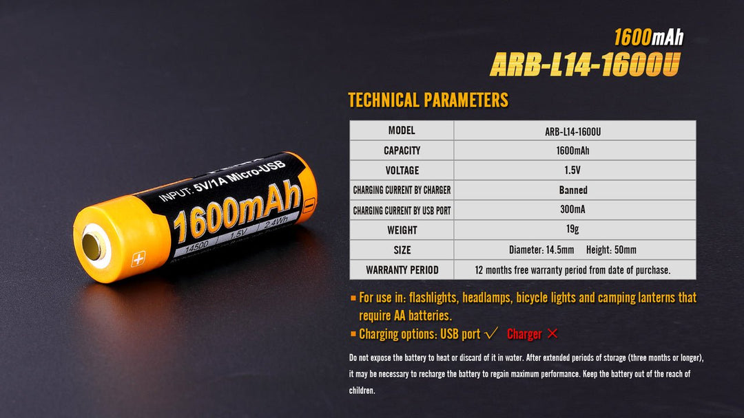 Fenix ARB-L14-1600U 1.5V USB Rechargeable Li-ion AA Battery - Fenix Store