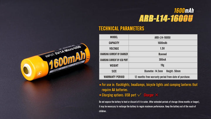 Fenix ARB-L14-1600U 1.5V USB Rechargeable Li-ion AA Battery - Fenix Store