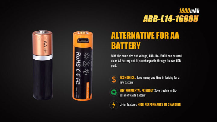 Fenix ARB-L14-1600U 1.5V USB Rechargeable Li-ion AA Battery - Fenix Store