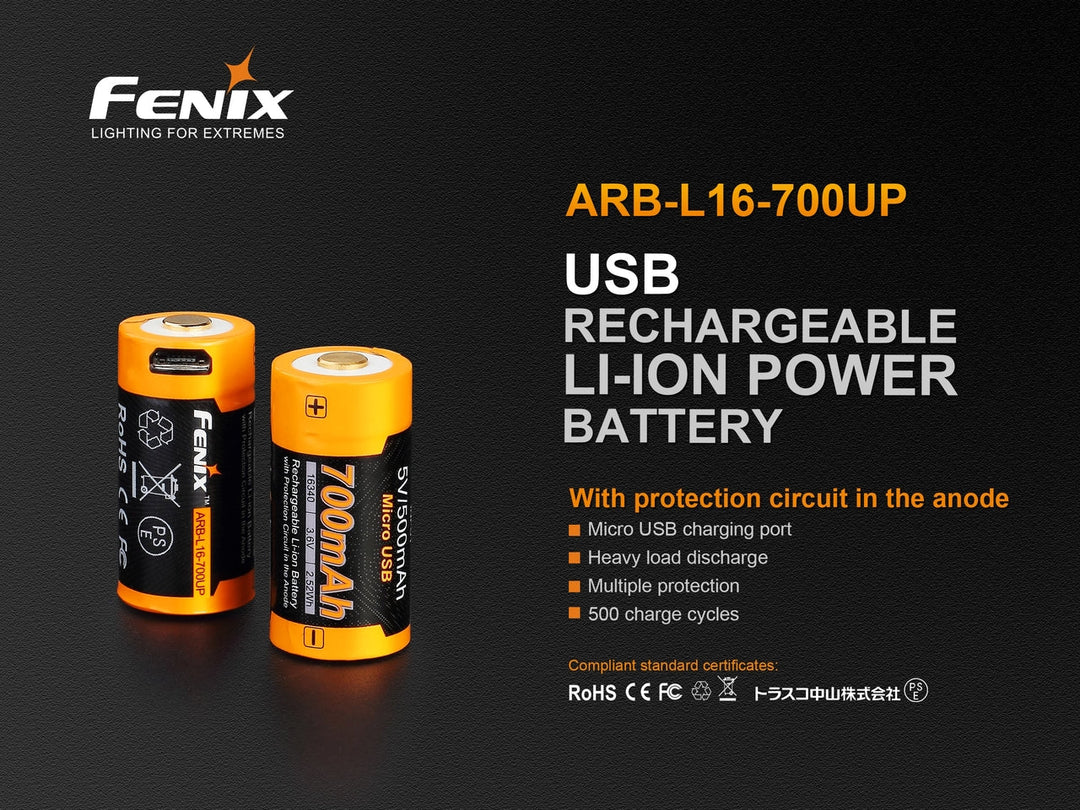 Fenix ARB-L16-700UP USB Rechargeable 16340 Battery - Fenix Store